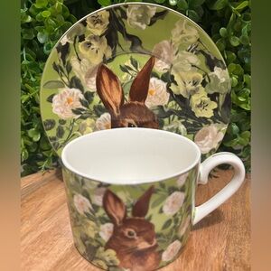 Grace Teaware NWT Green Floral Bunny Teacup and Saucer Set